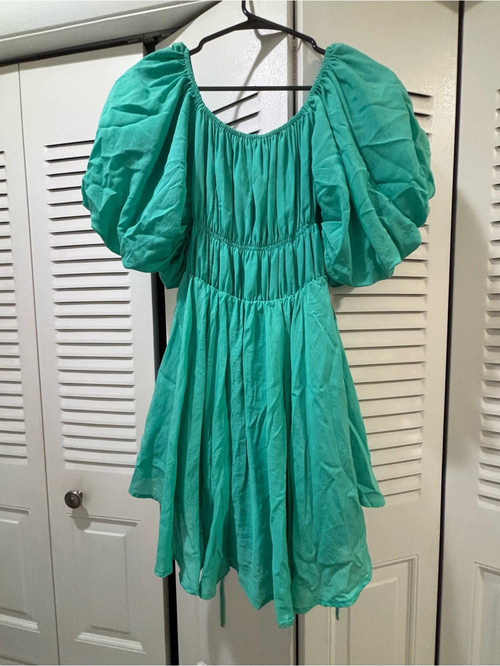 Womens Puff-Sleeve Teal Casual Dress